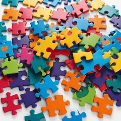 A colorful assortment of jigsaw puzzle pieces scattered on a flat surface, showcasing a vibrant mix of colors. Ideal for family activities, educational tools, or creative projects.
