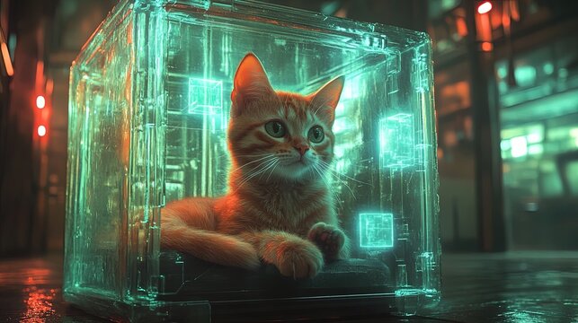 Visualization of dinger cat paradox with a cat in a quantum box, both alive and not, surreal style 