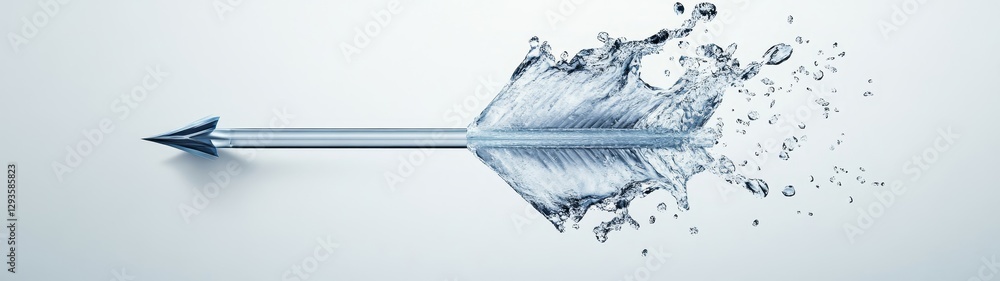 Poster metallic arrow piercing water splashing in dynamic motion effect