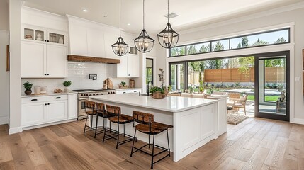 Gorgeous white luxury kitchen interior with a kitchen island and wooden floor