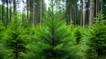 Naklejka premium Lush Green Evergreen Trees in Serene Forest Landscape Scene