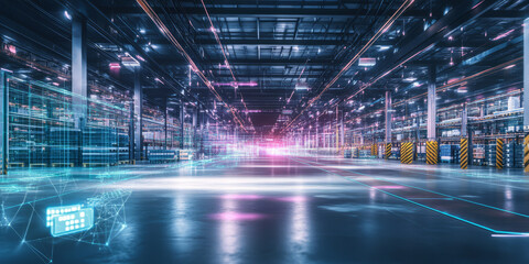 A mesmerizing futuristic AI-powered logistics hub, featuring glowing cybernetic supply chain pathways, pulsating holographic warehouse automation grids, and swirling quantum-enhanced delivery network