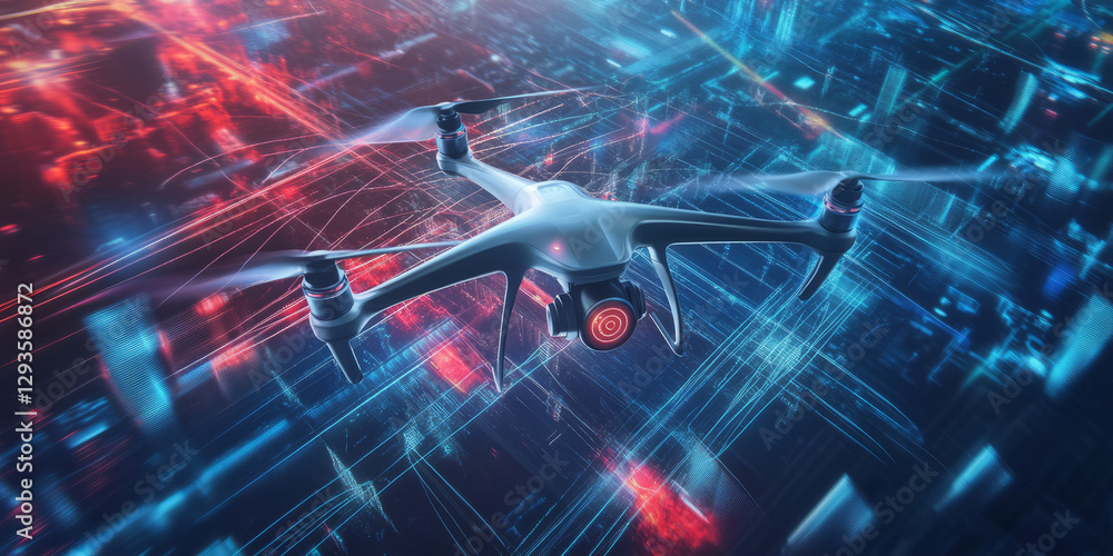 Poster a futuristic representation of ai-powered drone technology, featuring glowing cybernetic aerial navi
