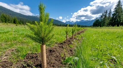 Freshly Planted Pine Seedlings in Vibrant Green Landscape