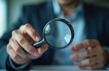 Auditor inspects document with magnifier. Financial inspector investigates fraud, tax evasion in company. Businessman magnifies invoice, analyzes accounting, accountancy to discover commercial crime.