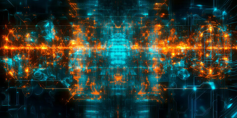 Fototapeta premium A glowing futuristic AI-driven neural interface, displaying pulsating cybernetic brainwave analysis grids, swirling holographic deep learning pathways, and intricate quantum-enhanced cognitive