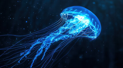 A deep-sea jellyfish glows neon blue in the pitch-black abyss, its translucent body pulsating like a living light. Long, silky tendrils trail behind, swaying gracefully with the ocean currents.