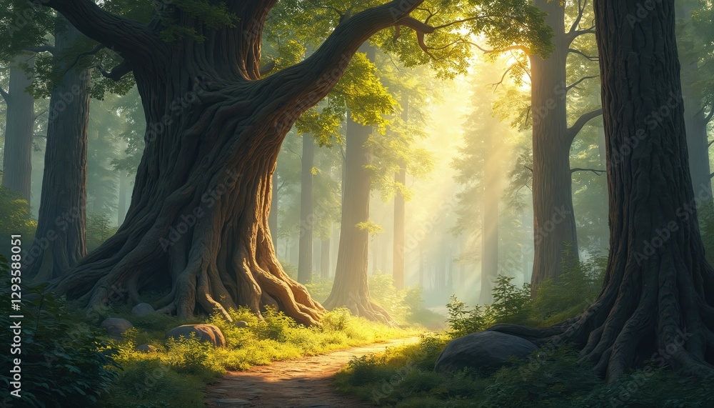 Aufkleber sunlight streams through forest trees on path. painting style scenic landscape with green leaves and