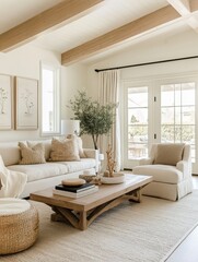 A modern living room with furnishings in a neutral scheme