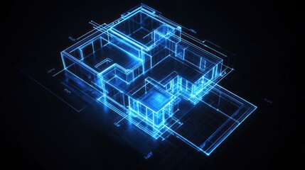 3D blueprint of a house, abstract design, futuristic. Possible use for architecture, design, technology, or illustration