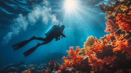 Obraz premium Diver Exploring Vibrant Coral Reef Underwater with Sunlight Rays.