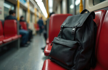 Black backpack left on red seat inside subway train, unattended baggage. Public transport safety issue. Risk of suspicious object. Lost item, forgotten carry-on bag. Security alert. Passenger