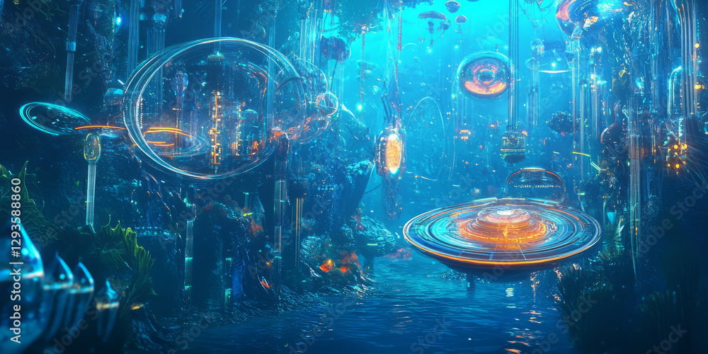 Poster a mesmerizing futuristic ai-driven oceanic carbon capture system, displaying glowing cybernetic real
