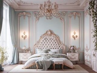 A large bed with a white headboard and a white comforter. The bed is in a room with a blue wall and a green plant