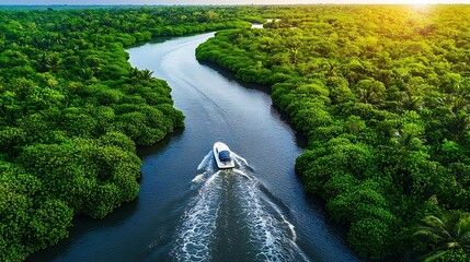 Boat cruising tropical river, lush green mangroves, sunset