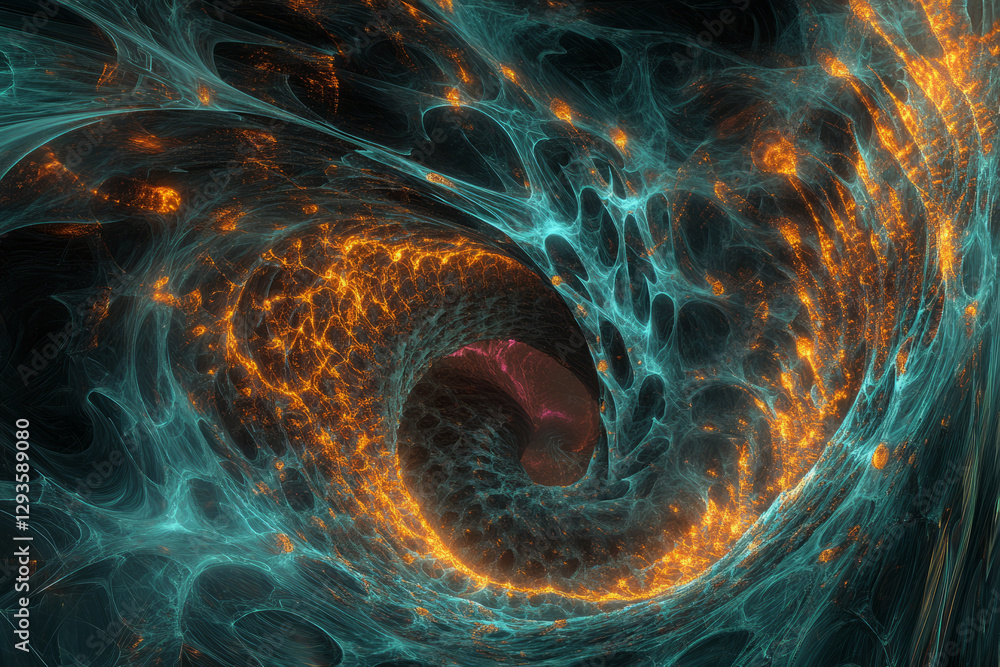 Poster a swirling mass of cybernetic energy forming an intricate ai-driven fractal network. the futuristic 