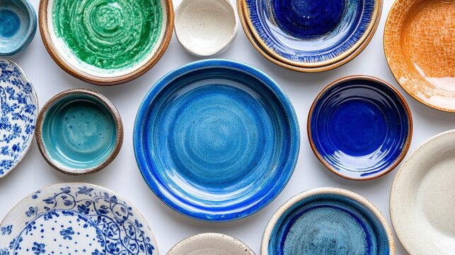 Various Colorful Ceramic Plates with Different Designs and Patterns