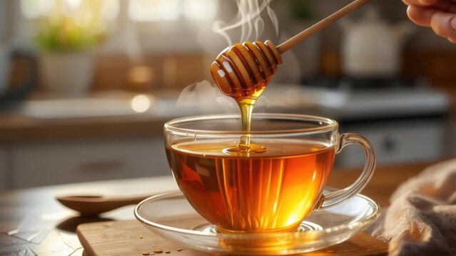 Warm honey drizzles into a cup of steaming herbal tea at home kitchen