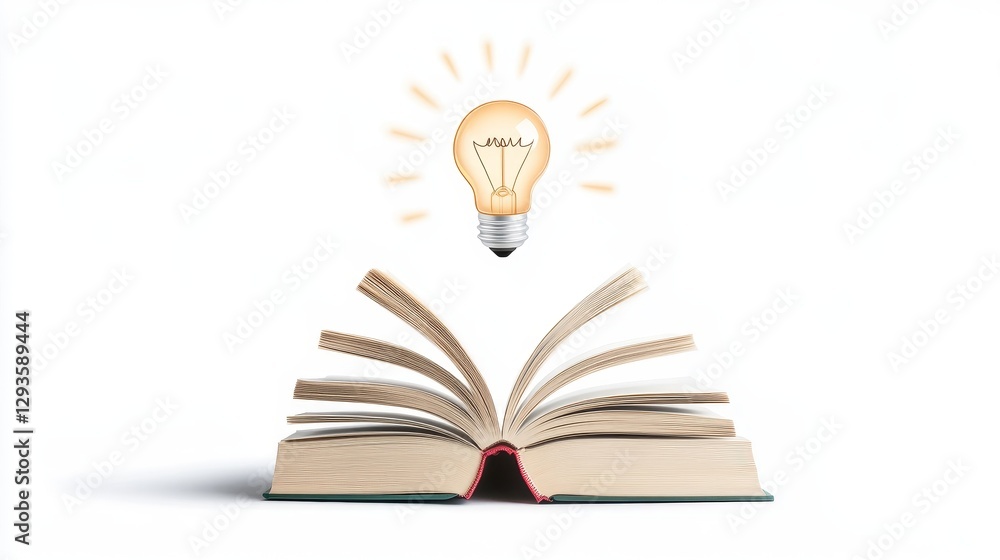 Poster open book with light bulb symbolizing ideas and knowledge creation