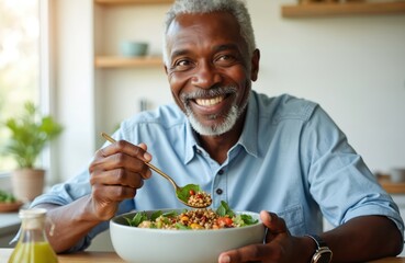 Smiling mature african man enjoys nutritious vegan salad, promoting healthy eating. Balanced lifestyle. Senior male sits at table eating healthy food, lunch at home. Plant based diet, wellness, happy