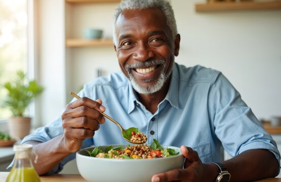 Smiling mature african man enjoys nutritious vegan salad, promoting healthy eating. Balanced lifestyle. Senior male sits at table eating healthy food, lunch at home. Plant based diet, wellness, happy