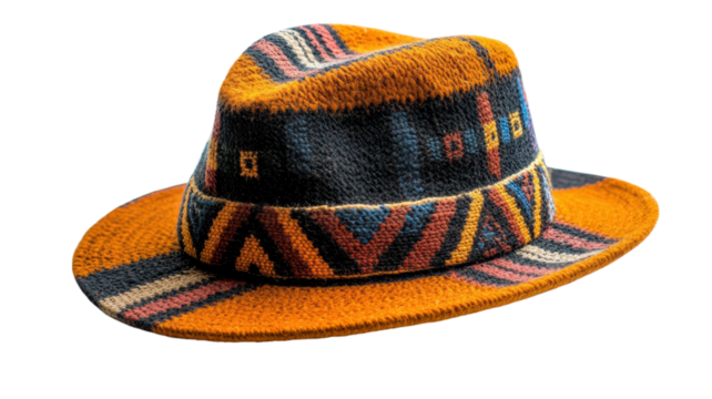 Brightly colored woven hat displayed against a plain background showcasing intricate patterns and design elements