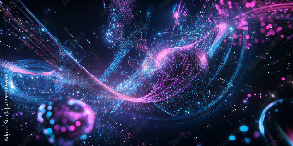 Poster a futuristic ai-powered quantum entanglement visualization, displaying glowing cybernetic waveforms,
