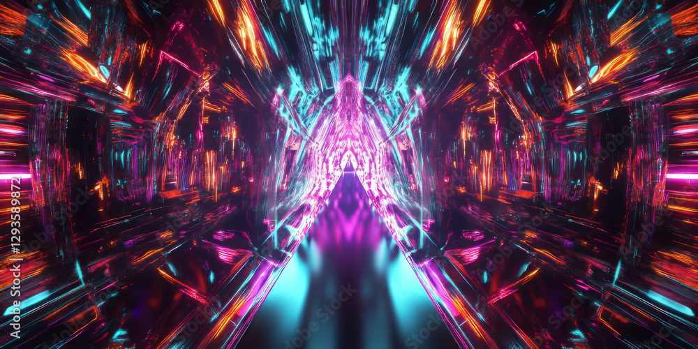 Poster a futuristic abstract background featuring cascading, iridescent neon strands dynamically interwoven