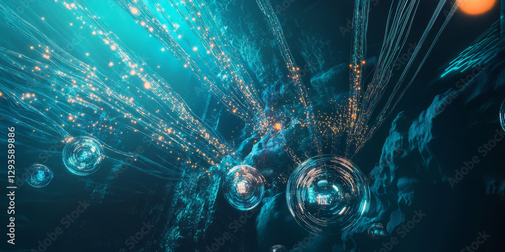 Poster a mesmerizing futuristic ai-driven autonomous underwater habitat, displaying glowing cybernetic self