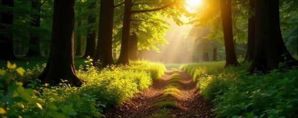 Obraz premium Golden sunlight dappling forest floor, path ahead , wild, photography, bright