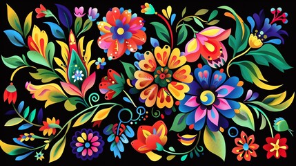 A colorful, stylized floral pattern on a black background.