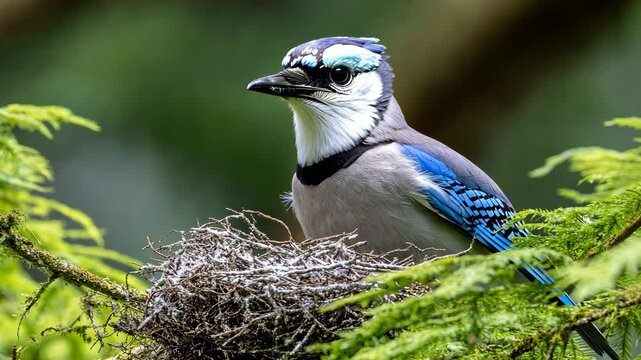 Blue jay perched on a nest surrounded by lush greenery in a serene forest environment