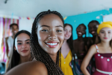 Fototapeta premium A young woman with braided hair smiles while taking a selfie with a diverse group of friends standing behind her indoors with colorful decorations and a bright atmosphere