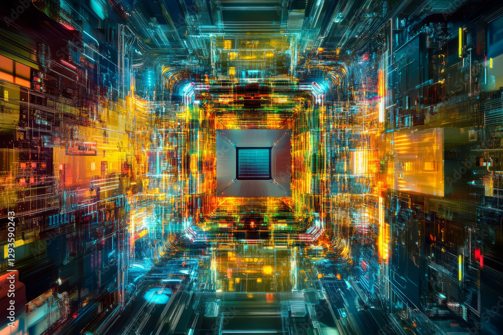 Poster a futuristic quantum ai-driven processor, surrounded by swirling cybernetic energy trails, glowing h