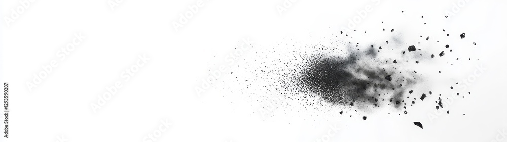 Poster black dust cloud exploding on white background in artistic effect