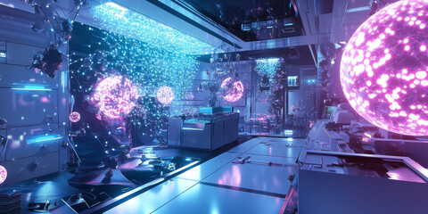 Fototapeta premium A mesmerizing futuristic AI-driven nanotechnology lab, displaying glowing cybernetic molecular assembly pathways, pulsating holographic atomic-level manipulation grids, and swirling digital nanobot