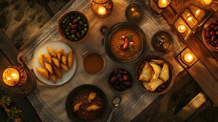 A beautifully arranged traditional iftar meal featuring dates, pastries and soup for Ramadan