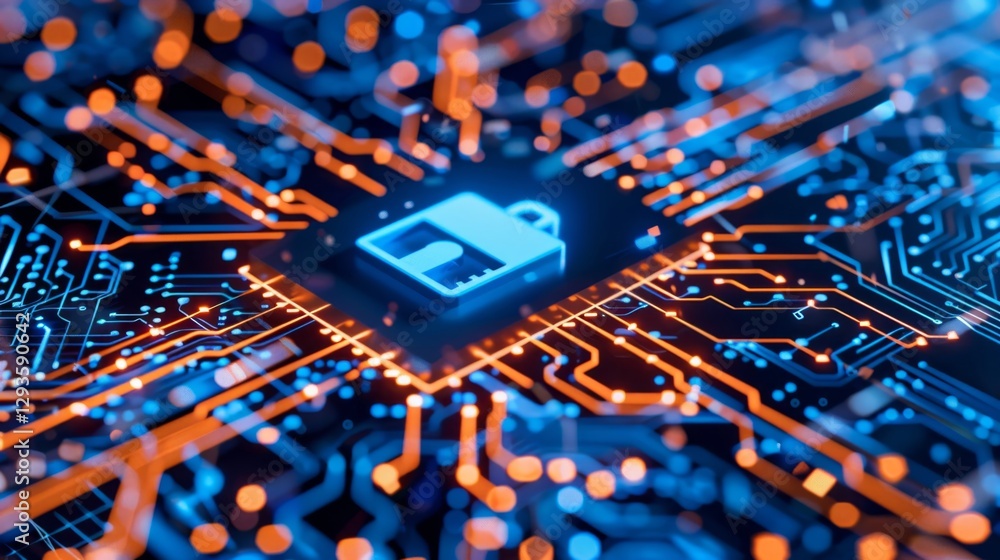 Poster digital circuit board with a security lock symbol in center show