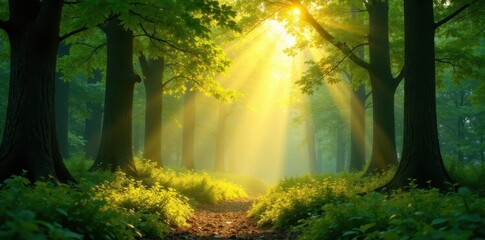 Obraz premium Golden sunlight streams through lush green canopy, illuminating forest floor , nature, leaves