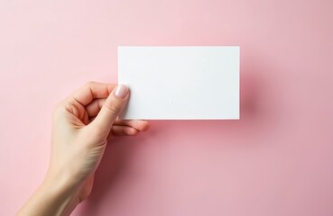 Fototapeta premium Hand holds blank card mockup on pink background. Template perfect for love confession, romantic letter or Valentines day greeting. White paper flyer, invitation or postal mockup design.