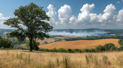 Obraz premium Rural Serenity: a scenic landscape where a solitary tree stands tall on a hill, with cultivated fields and a distant horizon under a bright, cloudy sky.