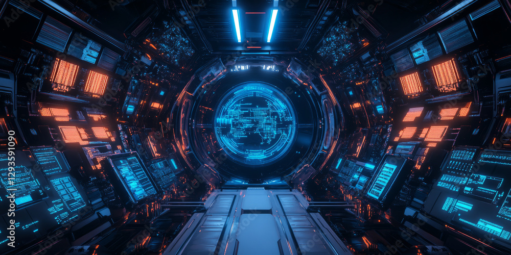 Poster a glowing futuristic ai-powered space station, displaying cybernetic holographic astronaut interface