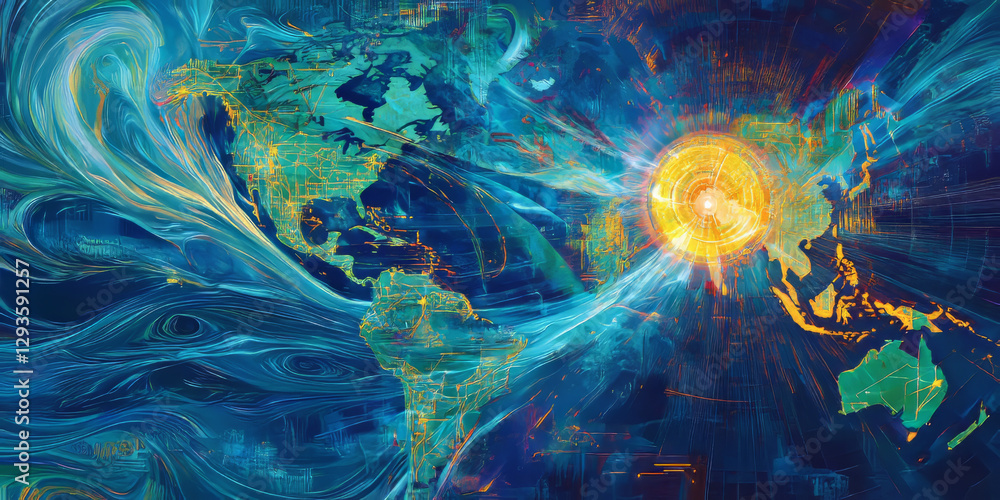 Aufkleber a futuristic ai-driven disaster prediction system, featuring glowing cybernetic real-time monitoring