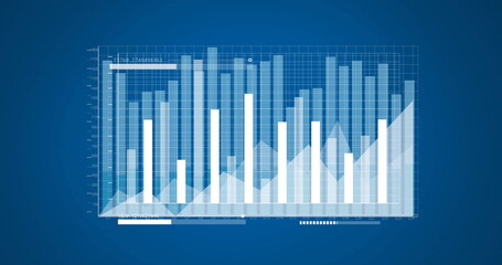 Image of diagram and data processing on blue background