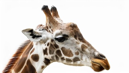 Giraffe Peering Upward with Intrigue in a WhiteFilled Plain, Showcasing the Long Necks Majestic Sculptural Form and the Animals Playful Expression in Stark Contrast.