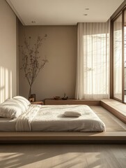 A modern bedroom features minimal elements and warm beige hues
