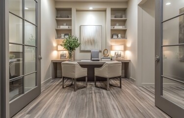 A large room with a desk and two chairs. The chairs are white and the desk is black