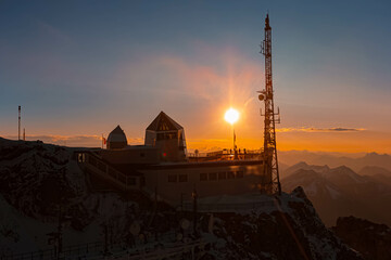 Alpine sunset or sundowner at Mount Zugspitze, Top of Germany, Garmisch-Partenkirchen, Werdenfelser Land, Bavaria, Germany