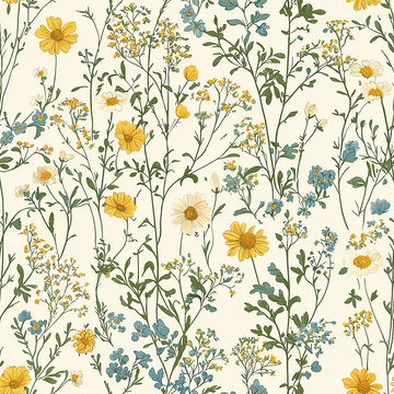 Floral seamless pattern in vintage rustic style, colored garden illustration