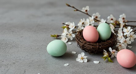 Pastel Easter Eggs in Bird Nest with Blossoms Spring Still Life